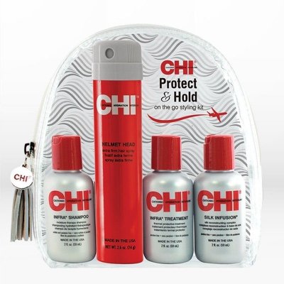 CHI Protect & Hold On The Go Styling Kit Infra Shampoo 59ml, Infra Treatment 59ml, Silk Infusion 59ml, Helmet Head 74g