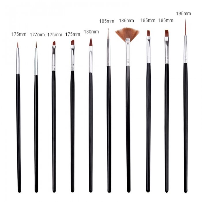 Nail Art Brush Set Black 10 pcs