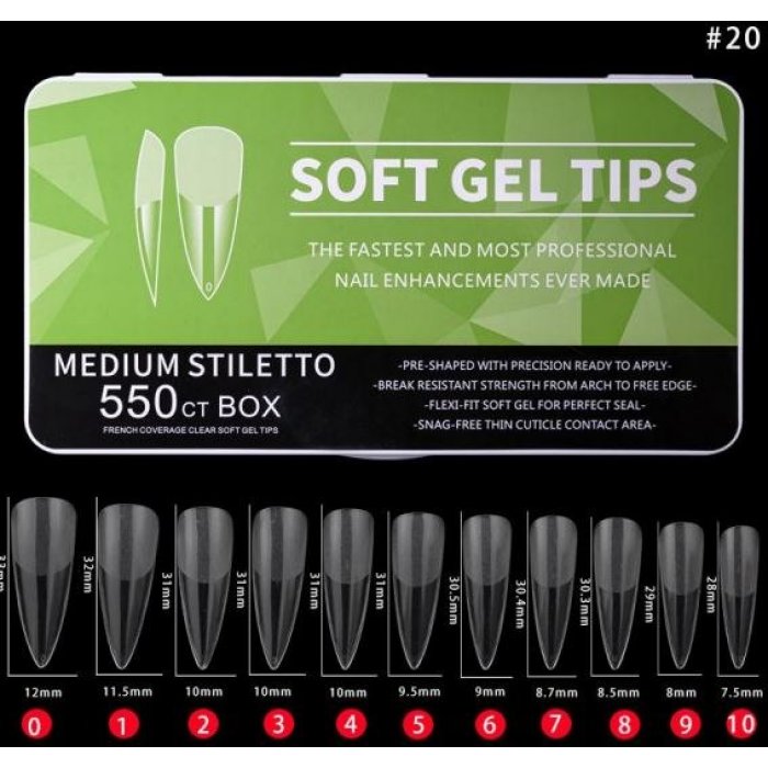 Soft Gel Tips Medium Stiletto 11 Sizes 550pcs