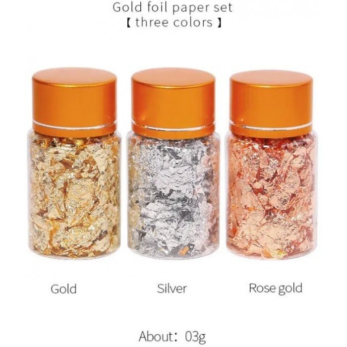 Nail Art Foil Set For Nail Decoration Three Piece Set Gold Silver Rose Gold 3x3gr