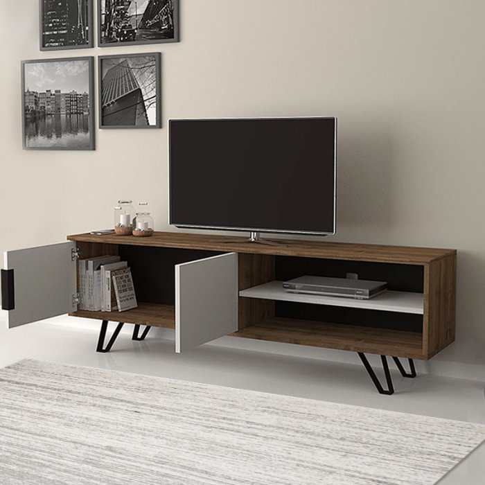 Έπιπλο τηλεόρασης Foot Megapap χρώμα καρυδί - λευκό 160x35x49εκ.