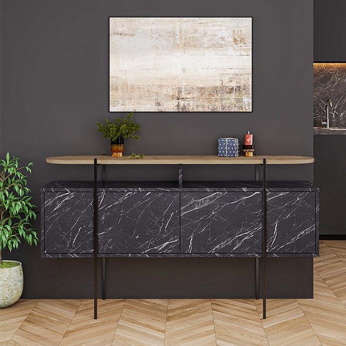 Μπουφές Hanley Megapap χρώμα μαύρο εφέ μαρμάρου 150x38x86,2εκ.