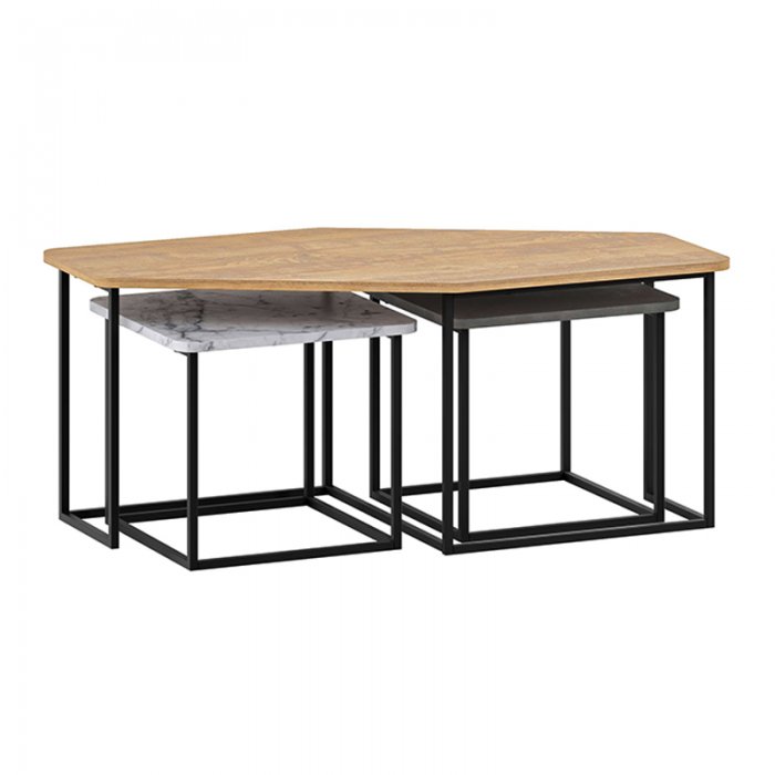 Τραπεζάκι σαλονιού σετ 3 τμχ. Nesty Megapap χρώμα saphhire oak - γκρι ρετρό - λευκό εφέ μαρμάρου 110x60x48εκ.