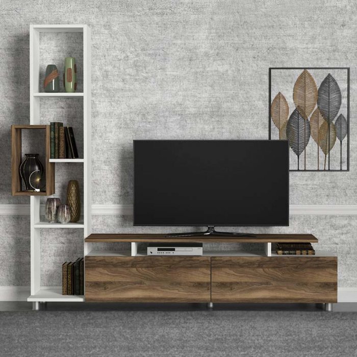 Σύνθεση τηλεόρασης Tulip Megapap χρώμα λευκό - καρυδί 160x29,5x160εκ.