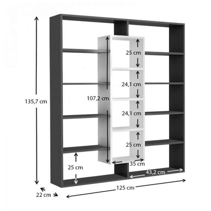 Βιβλιοθήκη Ample Megapap χρώμα μαύρο - λευκό 125x22x135,7εκ.