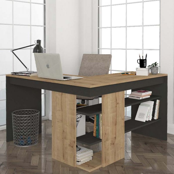 Γραφείο εργασίας Stylo Megapap χρώμα sapphire oak -  ανθρακί 120x120x73,8εκ.