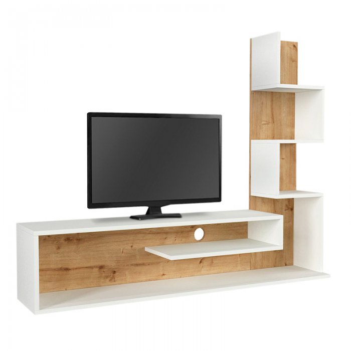 Έπιπλο τηλεόρασης Metehan Megapap χρώμα λευκό - sapphire oak 149,5x29,5x120εκ.