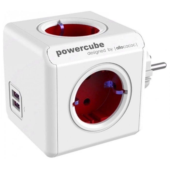 Allocacoc® PowerCube |Original USB| Πολύπριζο 4 θέσεων & 2 USB - Κόκκινο - 1202RD/DEOUPC