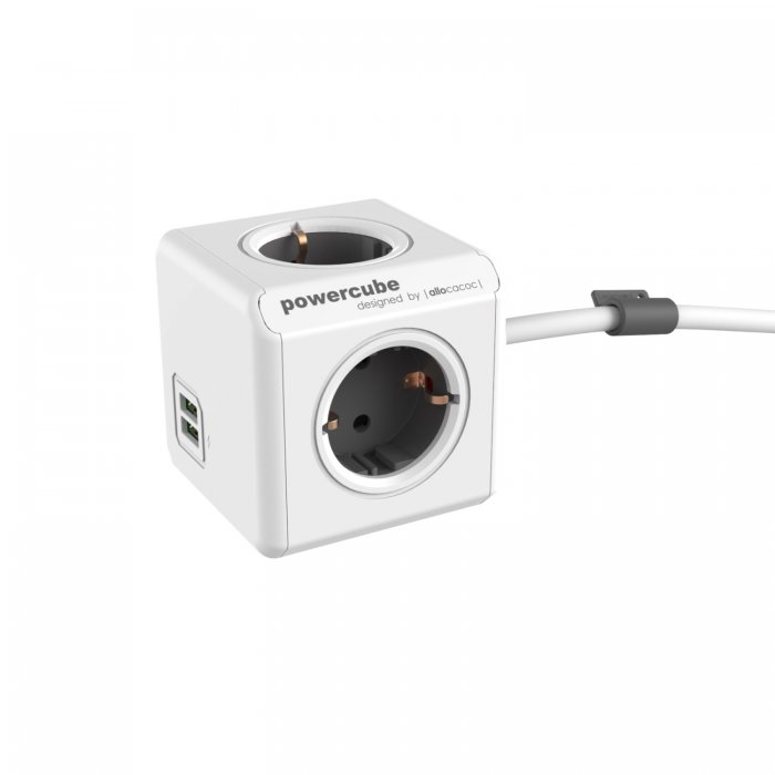 Allocacoc® PowerCube | Extended USB| Πολύπριζο 4 θέσεων & 2 USB – Γκρι – 1406GY/DEEUPC