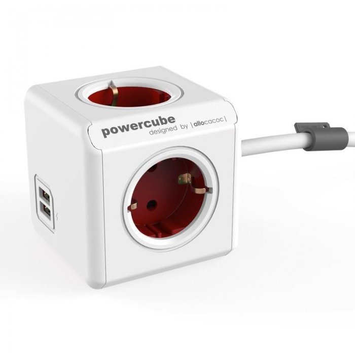 Allocacoc® PowerCube | Extended USB| Πολύπριζο 4 θέσεων & 2 USB – Κόκκινο – 1406RD/DEEUPC