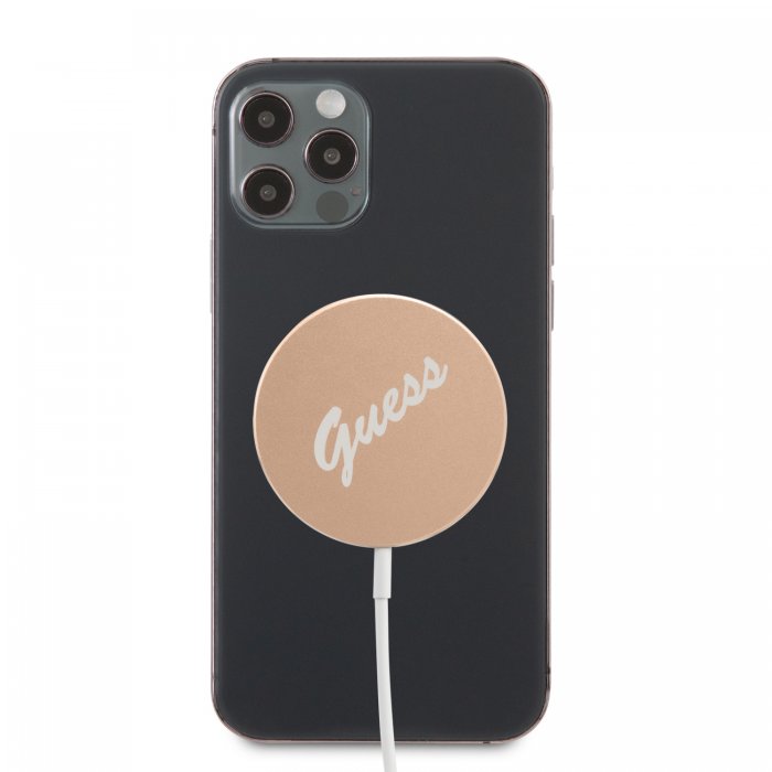 Guess Vintage Script Logo Wireless Magsafe Charger Pad Μοντέρνος Ασύρματος Φορτιστής Qi 15W για smartphone σε χρυσό