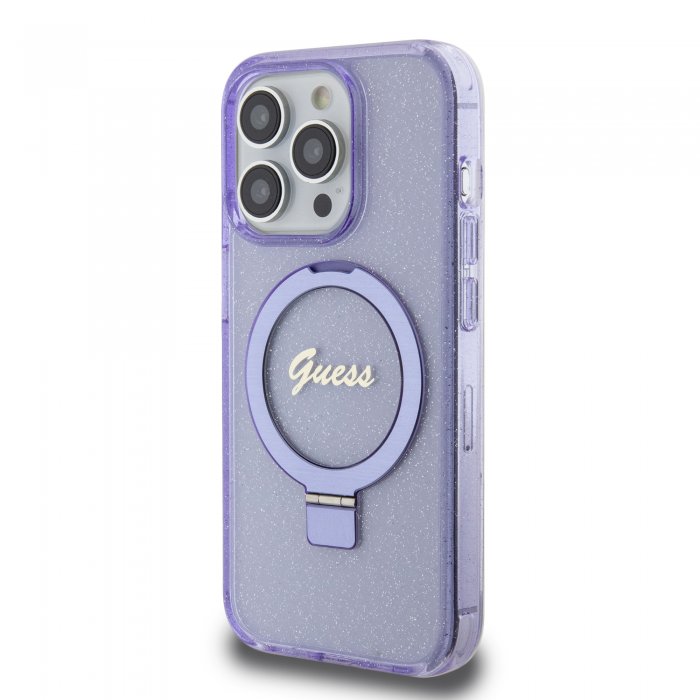 Guess MagSafe Ring Stand Glitter Hard Case Script Logo Θήκη προστασίας από σιλικόνη – iPhone 15 Pro (Διάφανη / Μωβ – GUHMP15LHRSGSU)