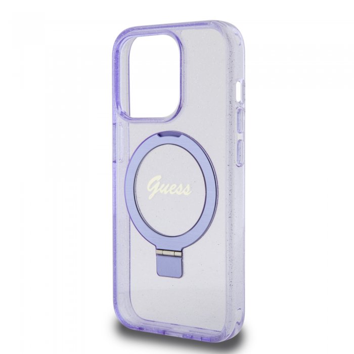 Guess MagSafe Ring Stand Glitter Hard Case Script Logo Θήκη προστασίας από σιλικόνη – iPhone 15 Pro (Διάφανη / Μωβ – GUHMP15LHRSGSU)