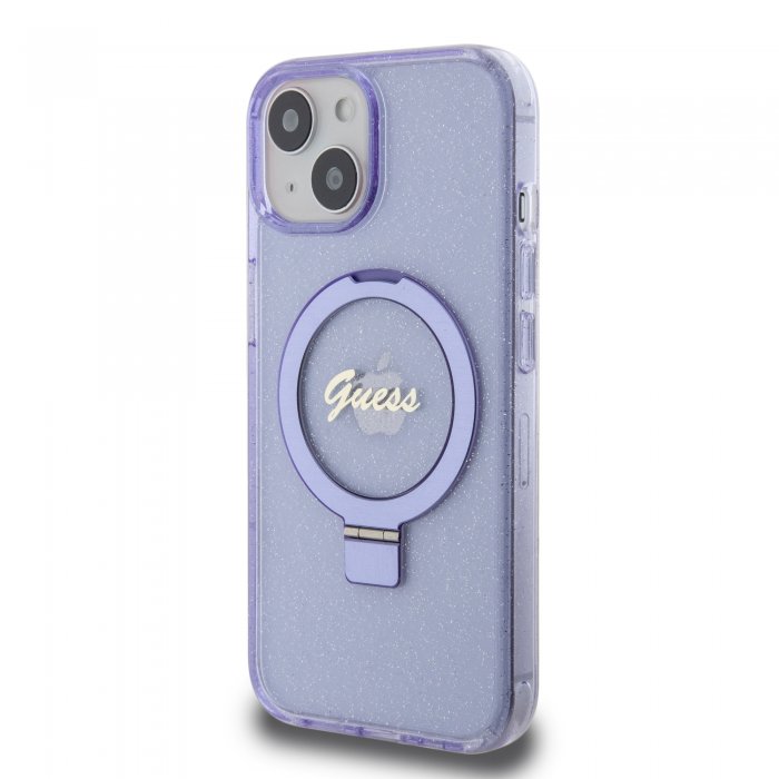 Guess MagSafe Ring Stand Glitter Hard Case Script Logo Θήκη προστασίας από σιλικόνη – iPhone 15 (Διάφανη / Μωβ – GUHMP15SHRSGSU)