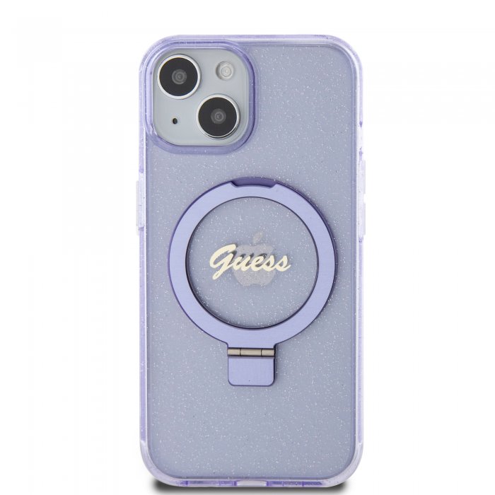 Guess MagSafe Ring Stand Glitter Hard Case Script Logo Θήκη προστασίας από σιλικόνη – iPhone 15 (Διάφανη / Μωβ – GUHMP15SHRSGSU)